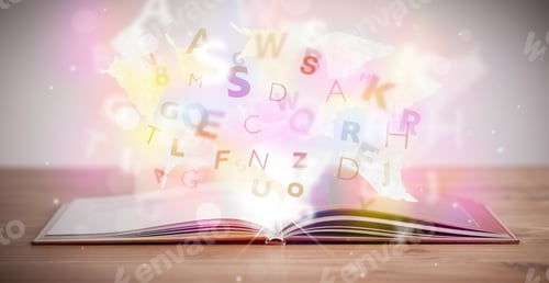 Preview: Open Book With Glowing Letters On Concrete Background. Colorful Education Concept