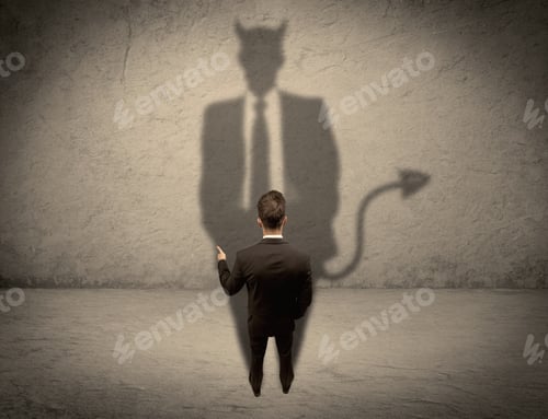 Preview: An Experienced Tricky Businessman In Suit Looking At His Devil Desguise Shadow Reflected On The