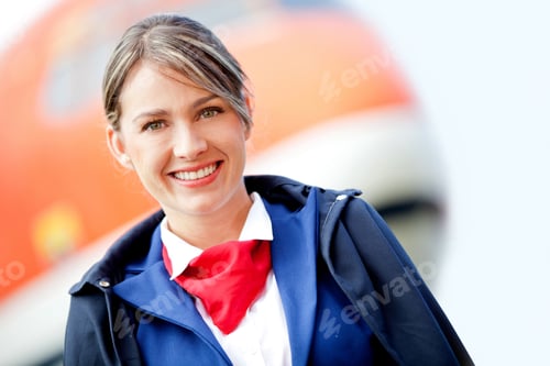 Preview: Beautiful Air Stewardess With A Airplane At The Background And Smiling