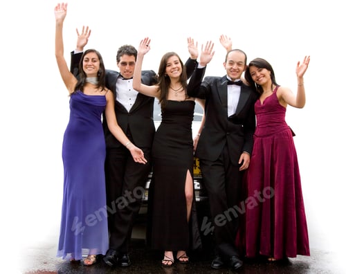 Preview: Group Of Happy Friends Waving At The Camera In Front Of A Limosine Over A White Background