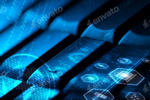 Preview: Computer Keyboard With Glowing Globe And Multimedia Icons