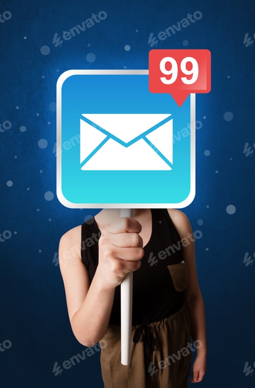 Preview: Casual Young Woman Holding Square Sign With Mail Icon