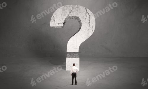 Preview: A Small Elegant Business Person In Suit Standing With His Back In Front Of A Huge Question Mark In