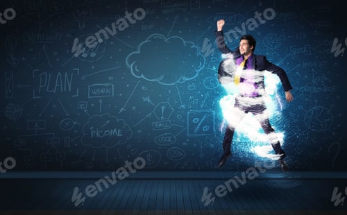 Preview: Happy Business Man Jumping With Storm Cloud Around Him Concept