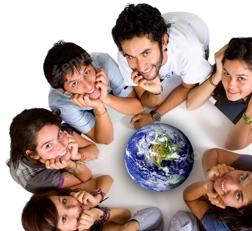 Preview: Group Of Young Ecologists Smiling At The Camera With A Globe In The Middle Of Them