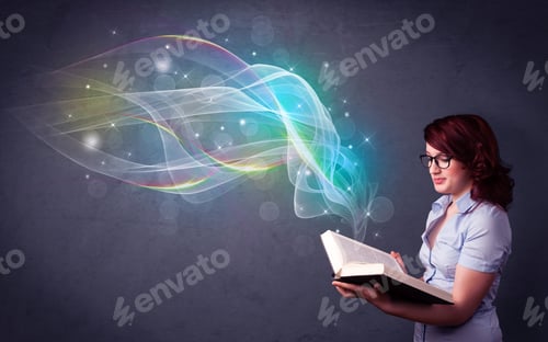 Preview: Casual Young Woman Holding Book With Rainbow Waves Flying Out Of It