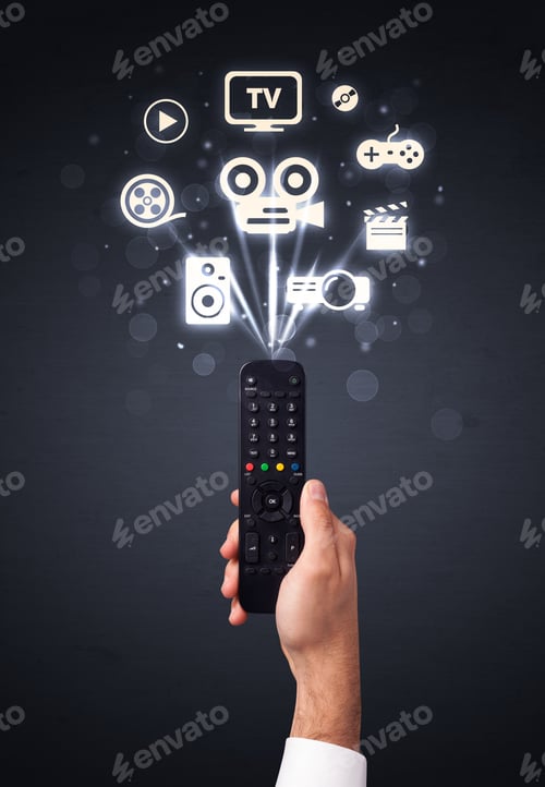 Preview: Hand Holding A Remote Control, Media Icons Coming Out Of It