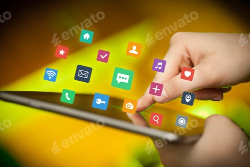 Preview: Female Hands Touching Tablet With Colorful Applications