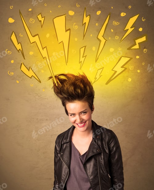 Preview: Young Woman With Hair Style And Hand Drawn Lightnings Concept On Background