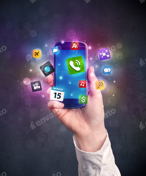 Preview: Caucasian Hand In Business Suit Holding A Smartphone With Colorful Media Icons