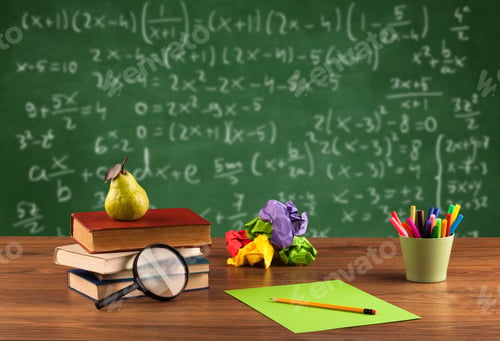 Preview: Back To School Concept With Long Numbers Calculation On Blackboard And A Desk With Books, Fruit