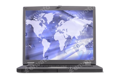 Preview: Laptop View From The Front With An Abstract World Map On The Screen