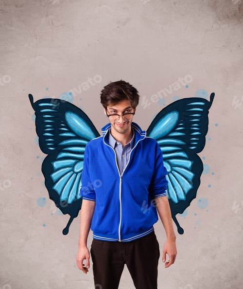 Preview: Handsome Young Man Girl With Butterfly Blue Illustration On The Back