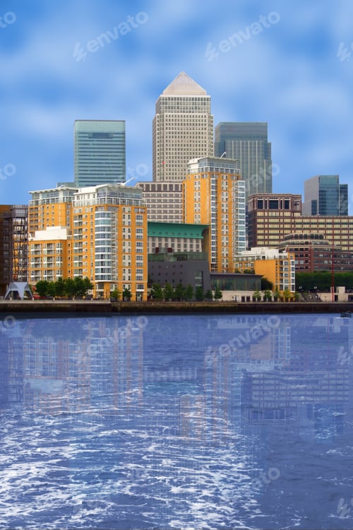 Preview: Business Village View With A River At The Front - Canary Wharf In London, Uk