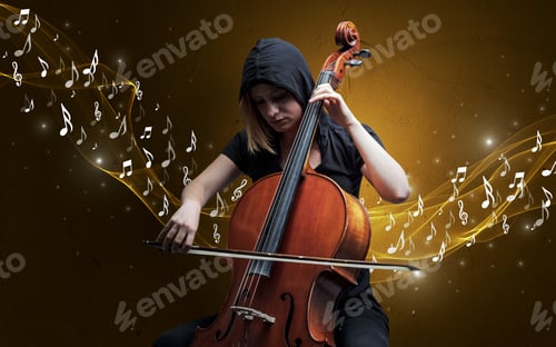 Preview: Lonely Musical Composer With Cello And Sparkling Musical Notes Around
