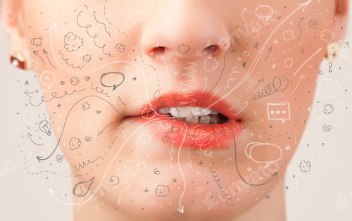 Preview: Pretty Woman Mouth Blowing Hand Drawn Icons And Symbols Close Up