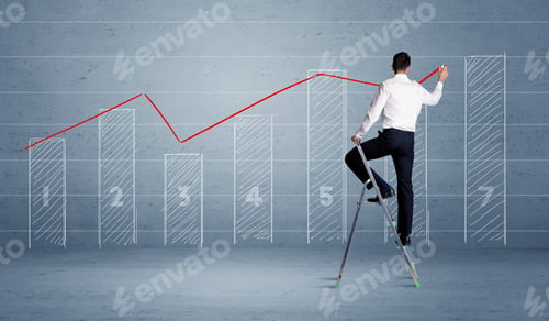 Preview: A Man In Elegant Suit Standing On A Small Ladder And Drawing A Chart On Blue Wall Background With