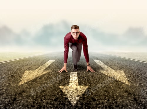 Preview: Young Determined Businessman Kneeling Before Three Arrows