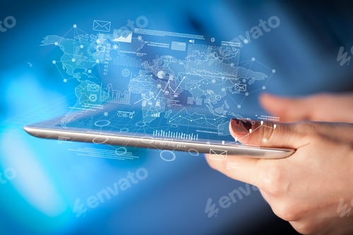 Preview: Female Hands Touching Tablet With Maps And Charts