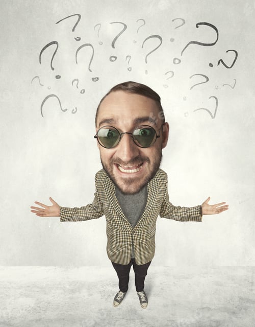 Preview: Funny Person With Big Head And Drawn Question Marks Over It