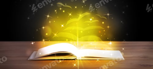 Preview: Open Book With Golden Glow Flying Paper Pages On Wooden Deck