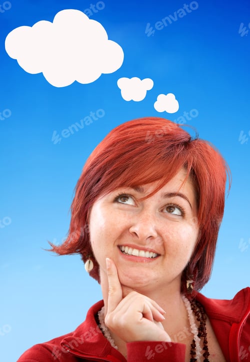 Preview: Thougthful Woman With Red Hair Isolated Over Blue