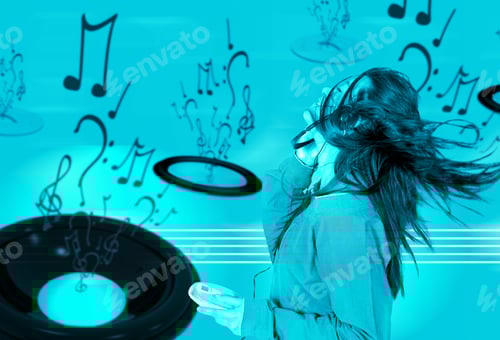 Preview: Girl Listening To Music Over A Cyan Musical Background