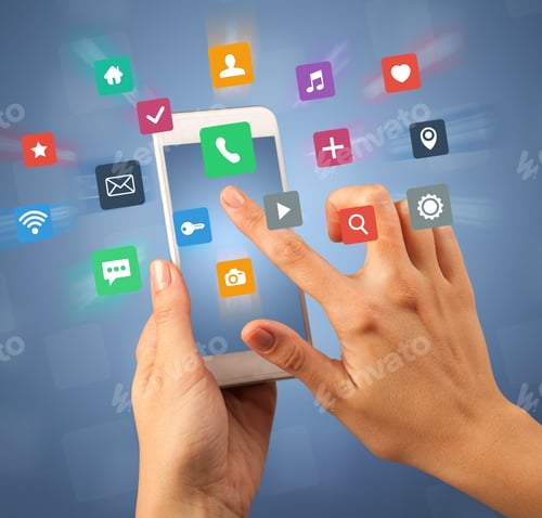 Preview: Female Fingers Touching Smartphone With Colorful Applications