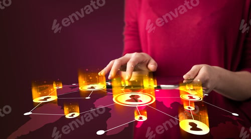 Preview: Hand Holding Tablet Device With Social Network Map Concept On Background