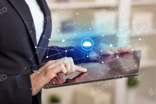 Preview: Business Woman Using Tablet With Financial, Cloud Connectivity Concept