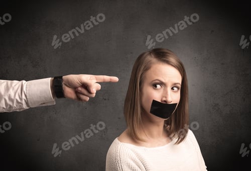 Preview: Caucasian Business Hand Pointing At Female Employee With Grunge Background