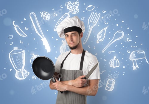 Preview: Young Cook With Kitchen Instruments And Drawn Recipe Concept On Wallpaper