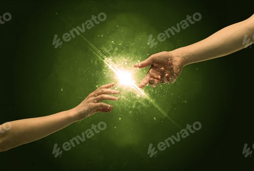 Preview: Two Naked Male Hands About To Touch, Lighting The Spark With Modest Explosion In Front Of Green