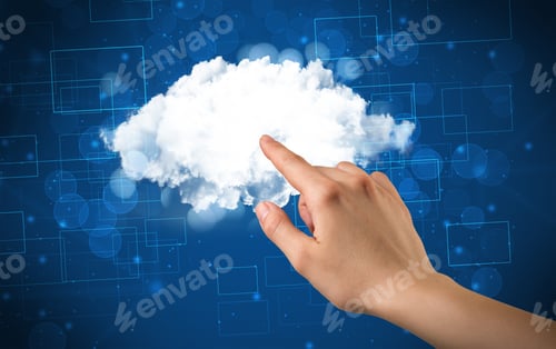 Preview: Female Hand Touching Cloud With Blue Background