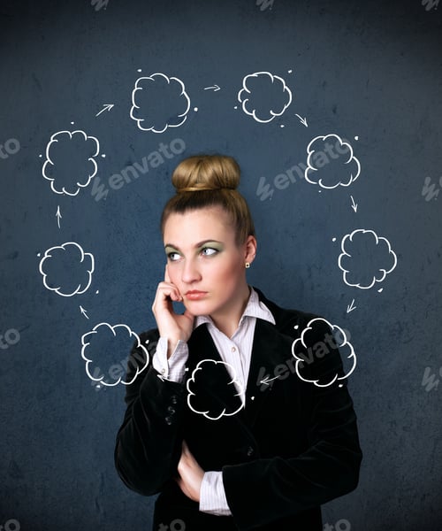 Preview: Thoughtful Young Woman With Drawn Clouds Circulating Around Her Head