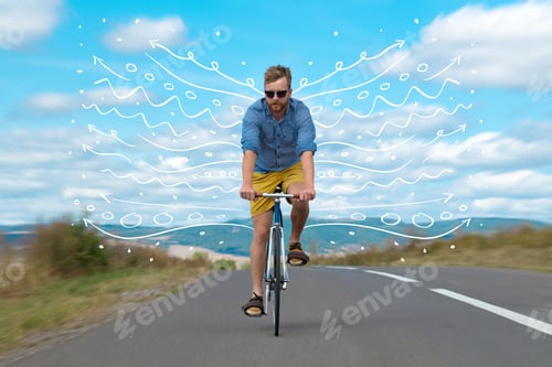 Preview: Fashion Person Riding Bicycle In The Nature With Doodle Concept