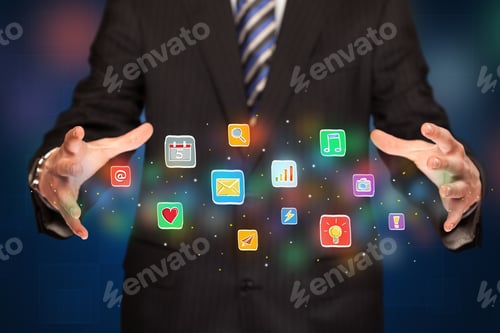 Preview: Elegant Businessman Holding Colorful Mixed Media Icons