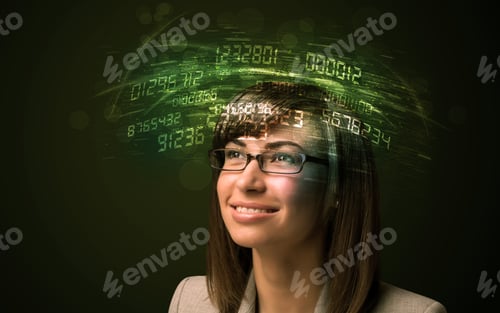 Preview: Business Woman Looking At High Tech Number Calculations Concept