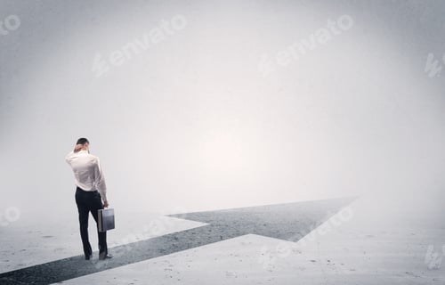 Preview: A Professional Businessman Thinking While Standing On A Black Arrow Pointing Forward In Grey Space