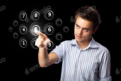 Preview: Businessman Pressing High Tech Type Of Modern Buttons On A Virtual Background