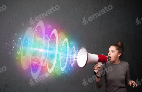 Preview: Cute Young Girl Yells Into A Loudspeaker And Colorful Energy Beam Comes Out