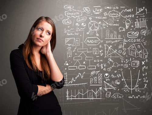Preview: Pretty Young Woman Looking At Stock Market Graphs And Symbols