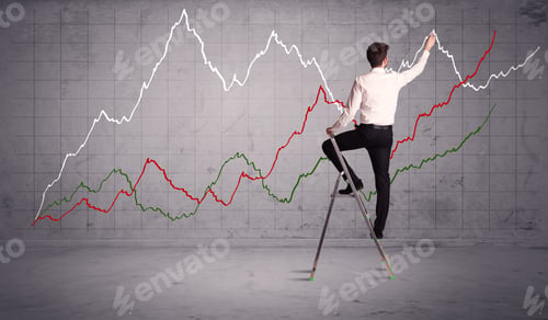 Preview: A Guy In Modern Suit Standing On A Small Ladder And Drawing A Chart On Grey Wall Background With