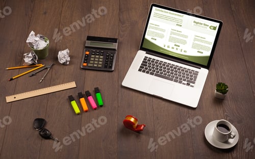 Preview: Business Wooden Table With Notebook Computer And Office Accessories