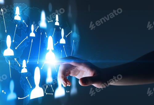 Preview: Female Finger Touching A Beam Of Light Surrounded By Portraits And A World Map Behind It