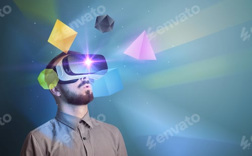 Preview: Amazed Businessman With Virtual Reality Colorful Geometric Shapes In Front Of Him
