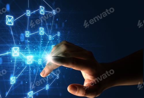 Preview: Female Finger Touching A Beam Of Light Surrounded By A Blue Graphic With Envelopes