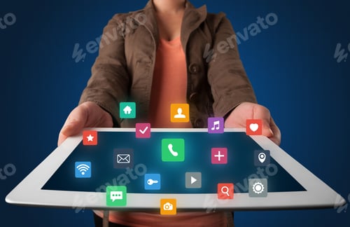 Preview: Casual Young Woman Holding Tablet With Colorful Applications