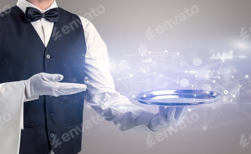 Preview: Young Waiter Serving Financial Concept On A Metal Tray