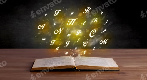 Preview: Glowing Yellow Alphabet Letters Coming Out Of An Open Book